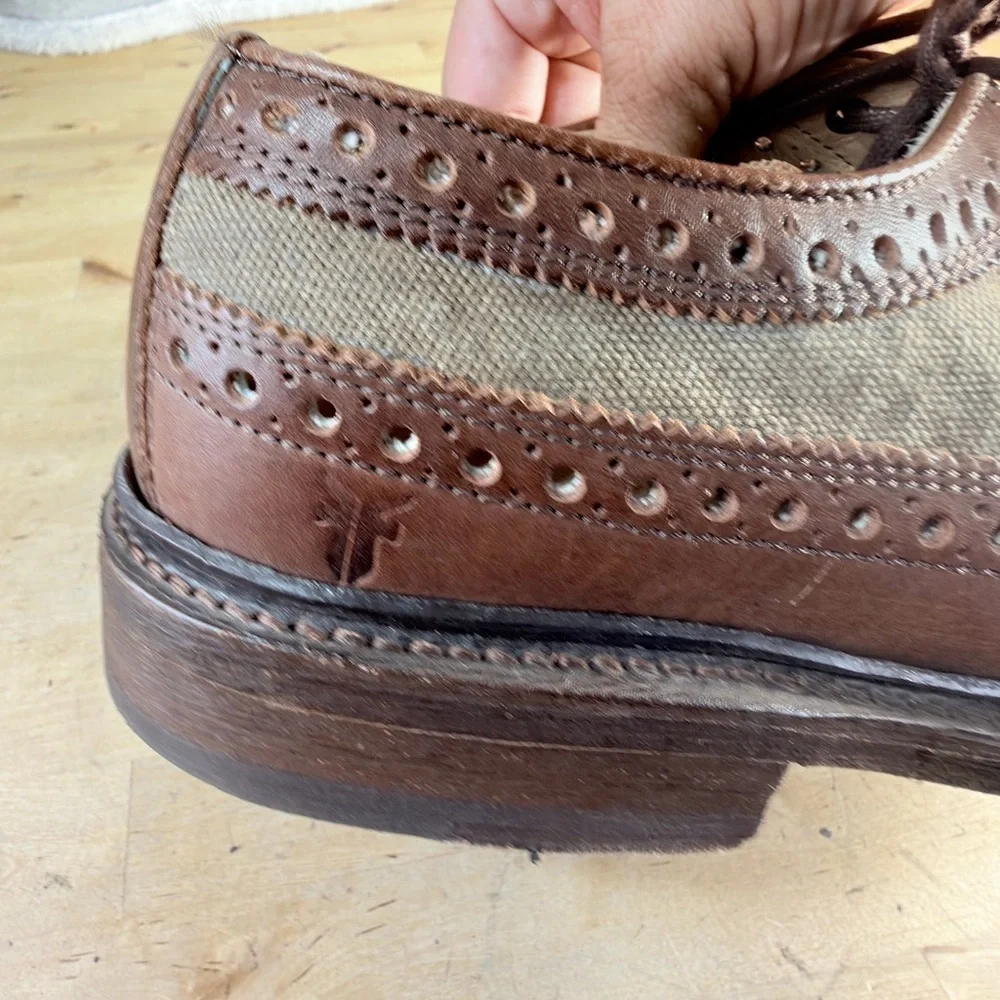 Frye John Addison Men’s Wingtip Oxford Dress Shoes Brown Canvas Leather Size 10